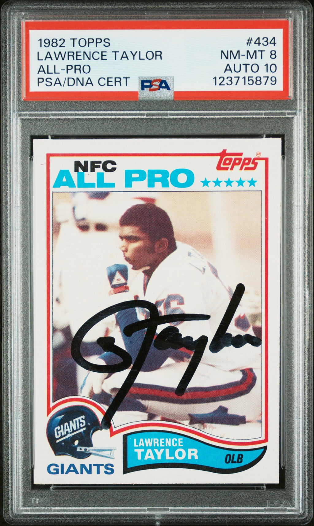 Graded 1982 Topps Lawrence Taylor #434 Rookie RC Signed Football Card PSA 8 Card - Auto Grade 10