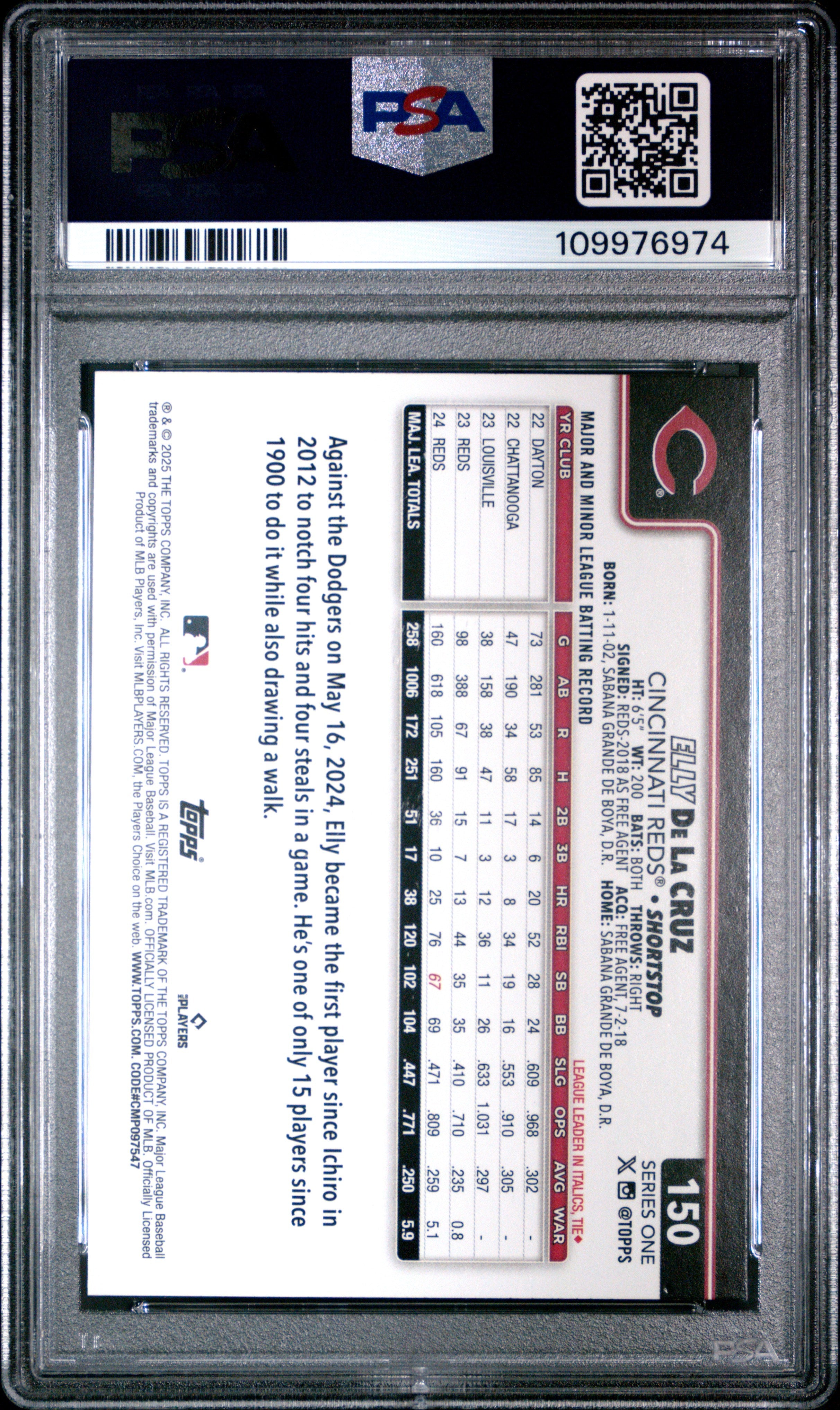 Graded 2025 Topps Elly De La Cruz #150 Rookie RC Baseball Card PSA 9 Mint