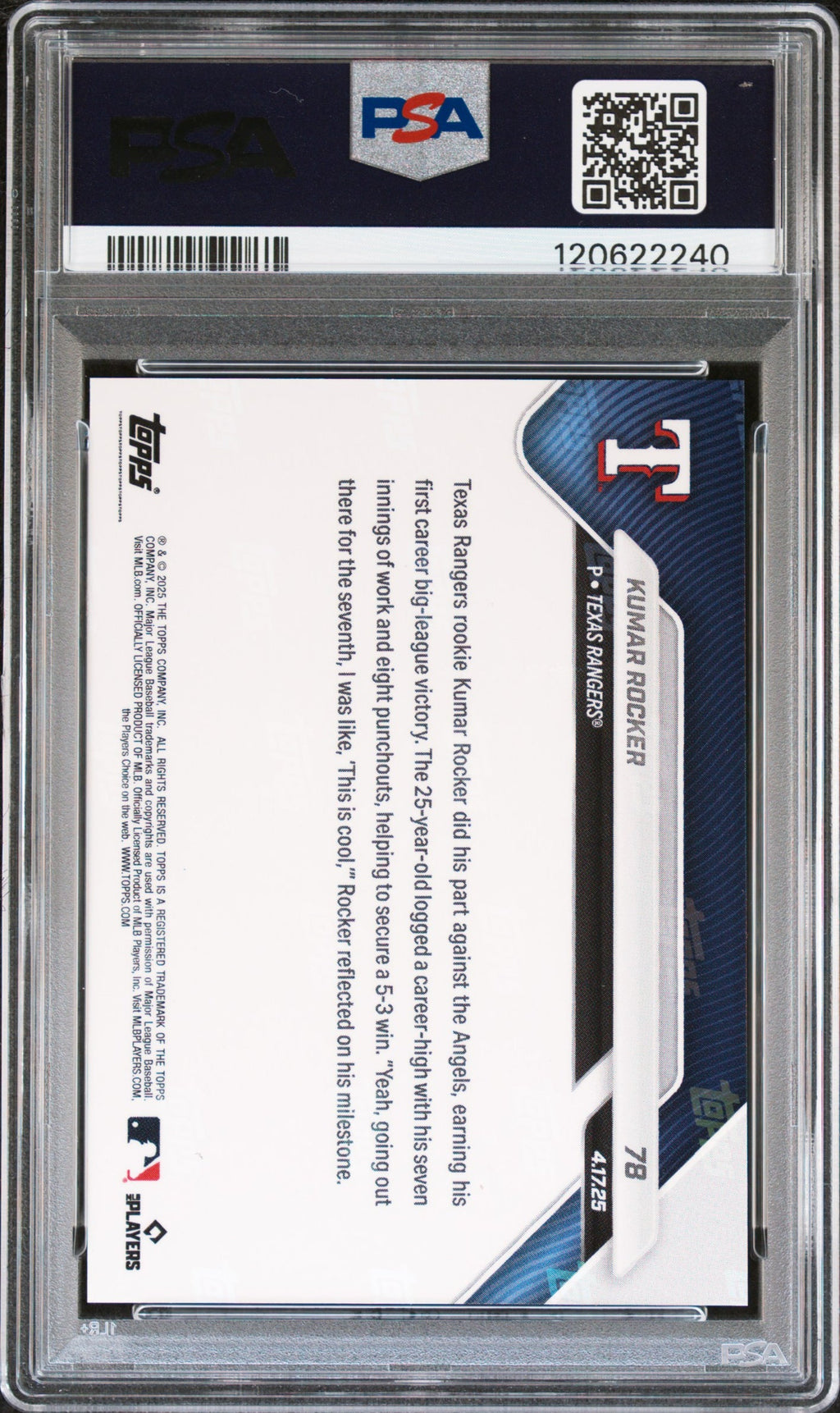 Graded 2025 Topps Now Kumar Rocker #78 Rookie RC Baseball Card PSA 10 Gem Mint