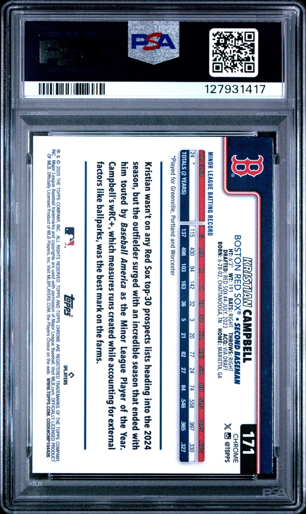 Graded 2025 Topps Chrome Kristian Campbell #171 Sepia Refractor Rookie RC Baseball Card PSA 8 Near Mint
