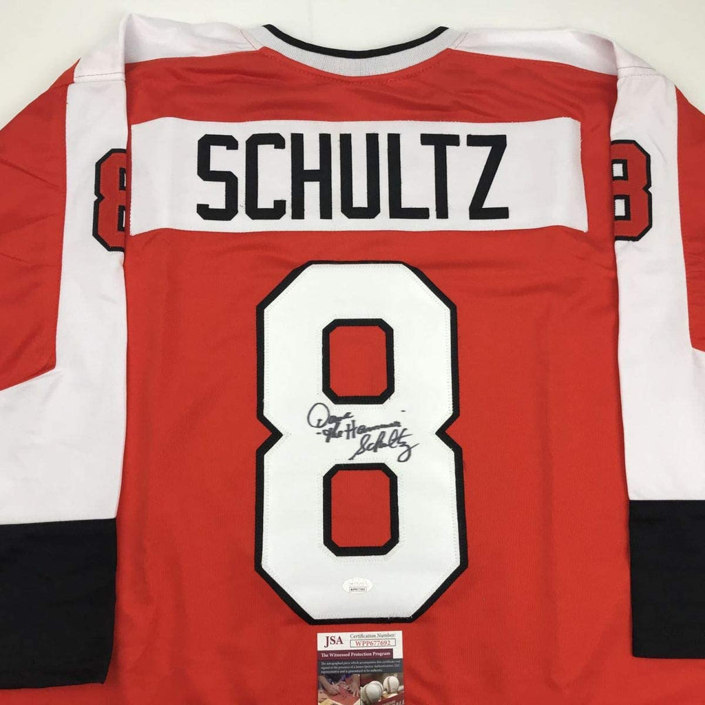 Autographed/Signed Dave Schultz The Hammer Philadelphia Orange Hockey Jersey JSA COA