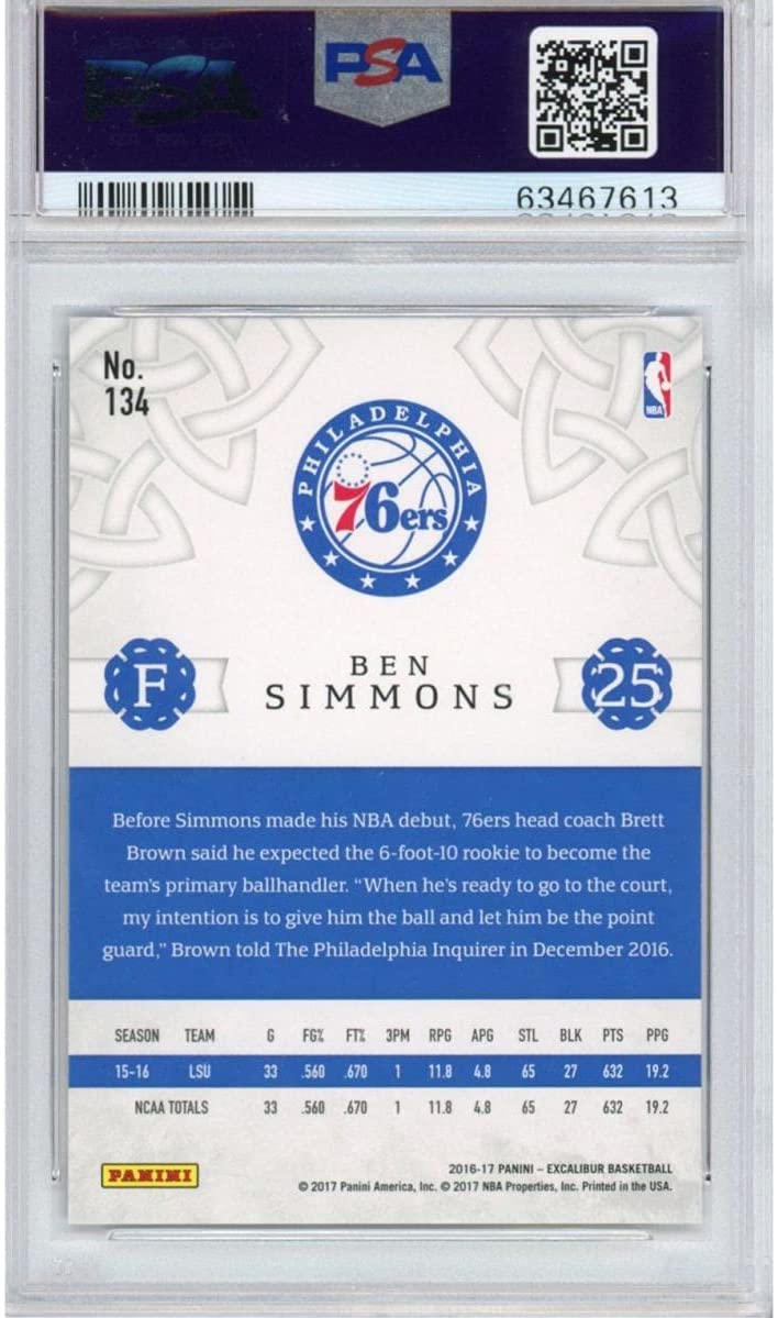Graded 2016-17 Panini Excalibur Ben Simmons #134 Rookie RC Basketball Card PSA 10 Gem Mint