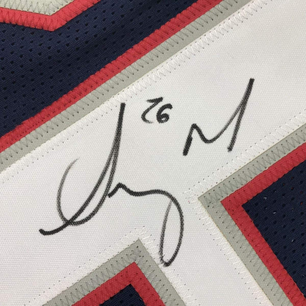 Framed Autographed/Signed Sony Michel 35x39 New England Blue Football Jersey JSA COA