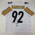 Autographed/Signed James Harrison Pittsburgh White Football Jersey Beckett BAS COA