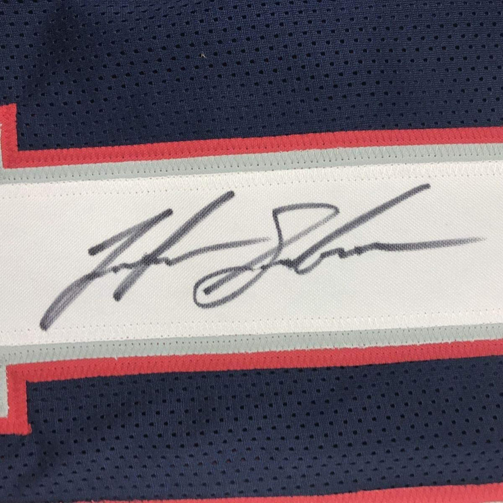 Framed Autographed/Signed Josh Gordon 35x39 New England Blue Football Jersey JSA COA