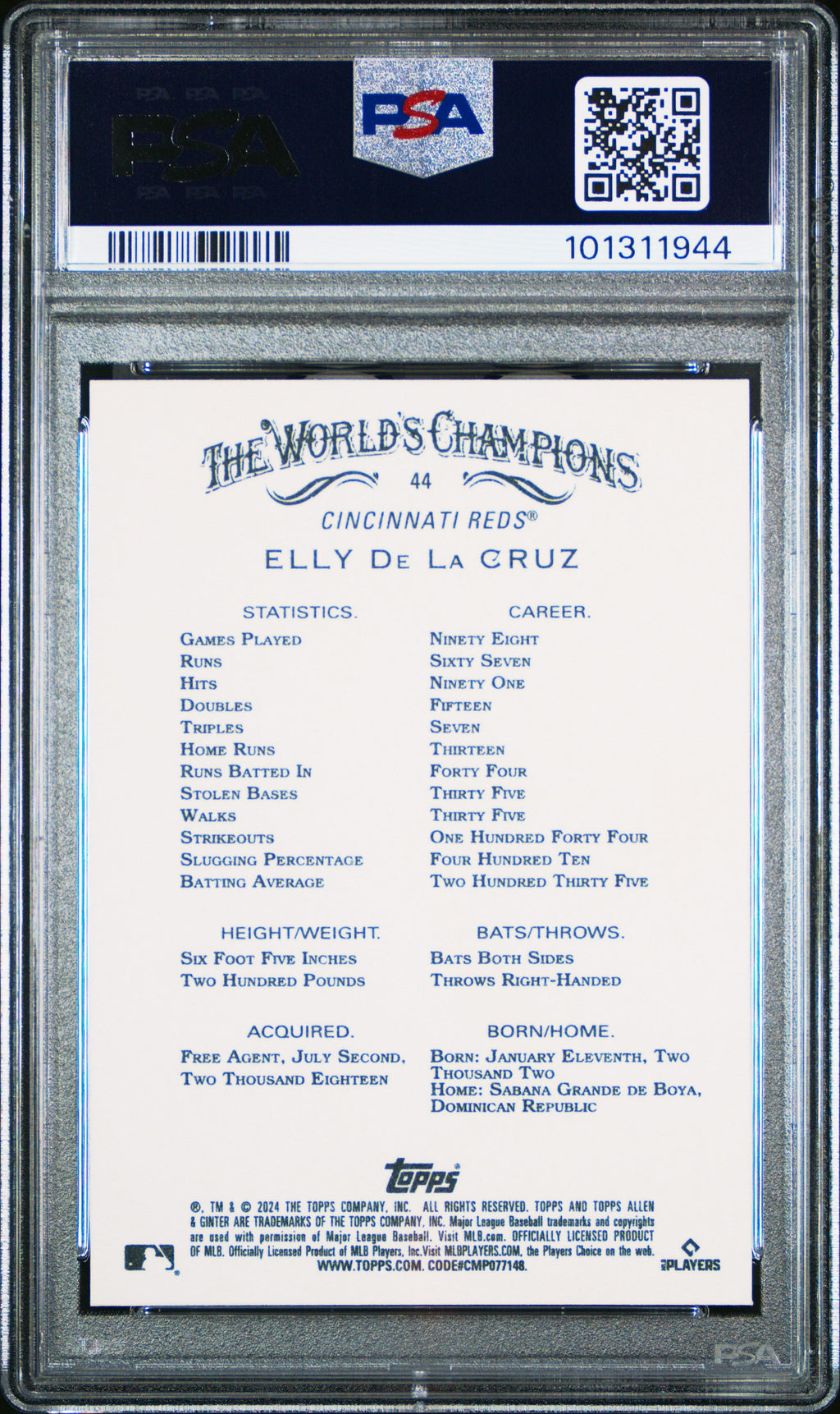 Graded 2024 Topps Allen & Ginter Elly De La Cruz #44 Rookie RC Baseball Card PSA 10 Gem Mint