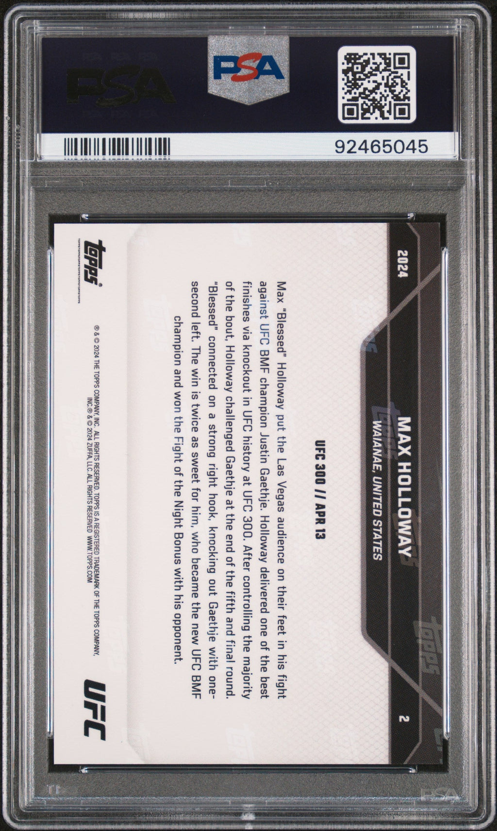 Graded 2024 Topps Now Max Holloway #2 BMF Knockout UFC MMA Card PSA 10 Gem Mint