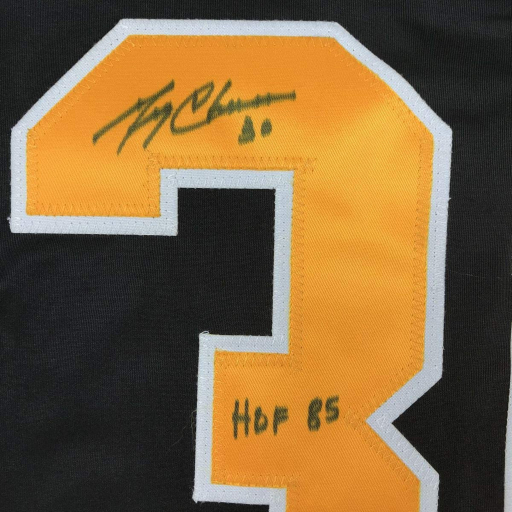 Autographed/Signed Gerry Cheevers HOF 85 Boston Black Hockey Jersey JSA COA
