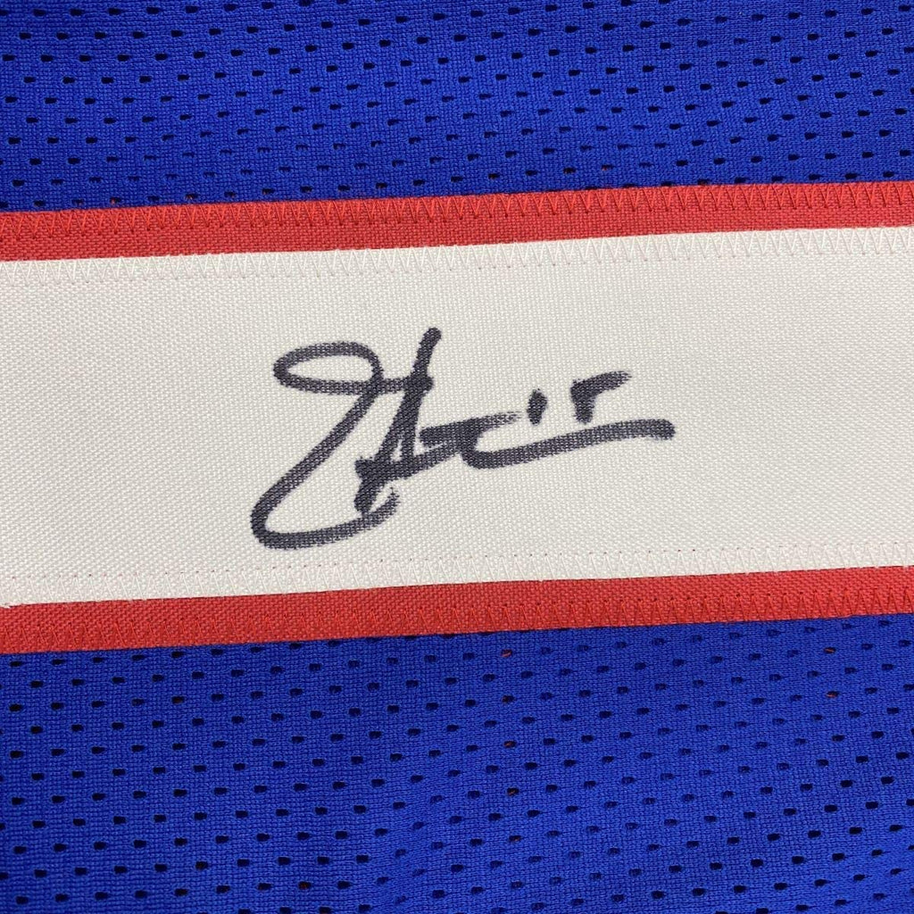 Autographed/Signed Jeff Hostetler New York Blue Football Jersey JSA COA