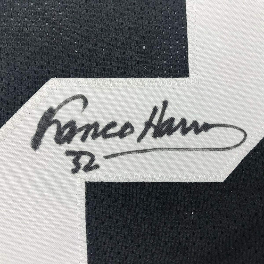 Framed Autographed/Signed Franco Harris 35x39 Pittsburgh Black Football Jersey JSA COA