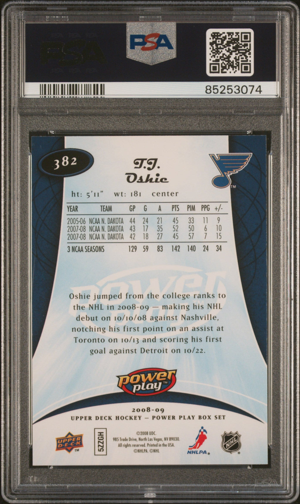 Graded 2008 Upper Deck TJ Oshie #382 Power Play Box Set Rookie RC Hockey Card PSA 10 Gem Mint