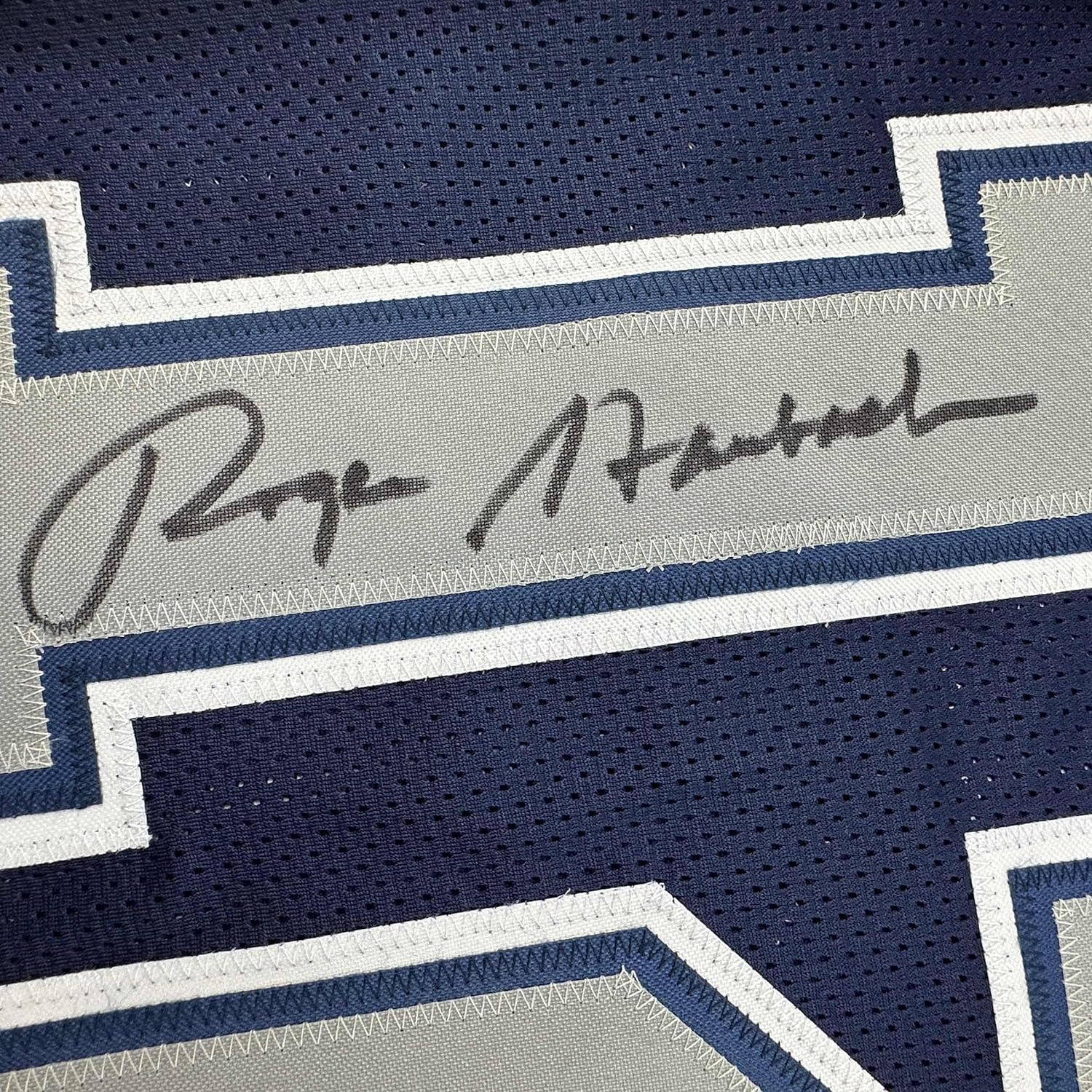 Framed Autographed/Signed Roger Staubach 35x39 Dallas Blue Football Jersey Beckett BAS COA