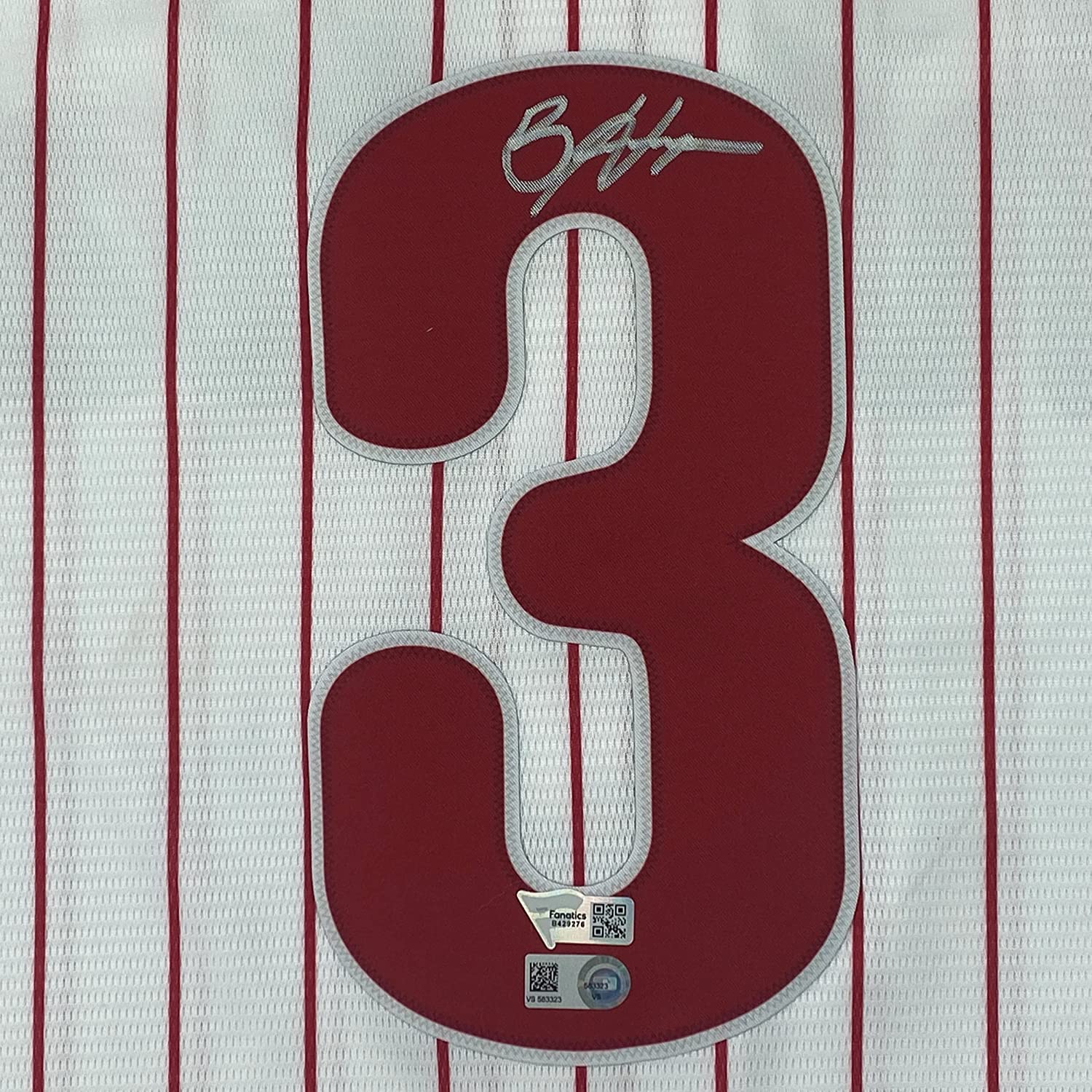Framed Autographed/Signed Bryce Harper 35x39 Philadelphia Phillies Pinstripe Replica Baseball Jersey Fanatics & MLB COA