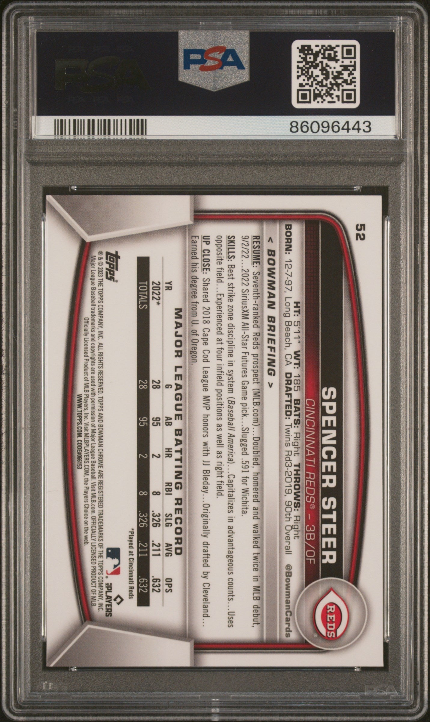 Graded 2023 Topps Bowman Chrome Sapphire Edition Spencer Steer #52 Rookie RC Baseball Card PSA 10 Gem Mint