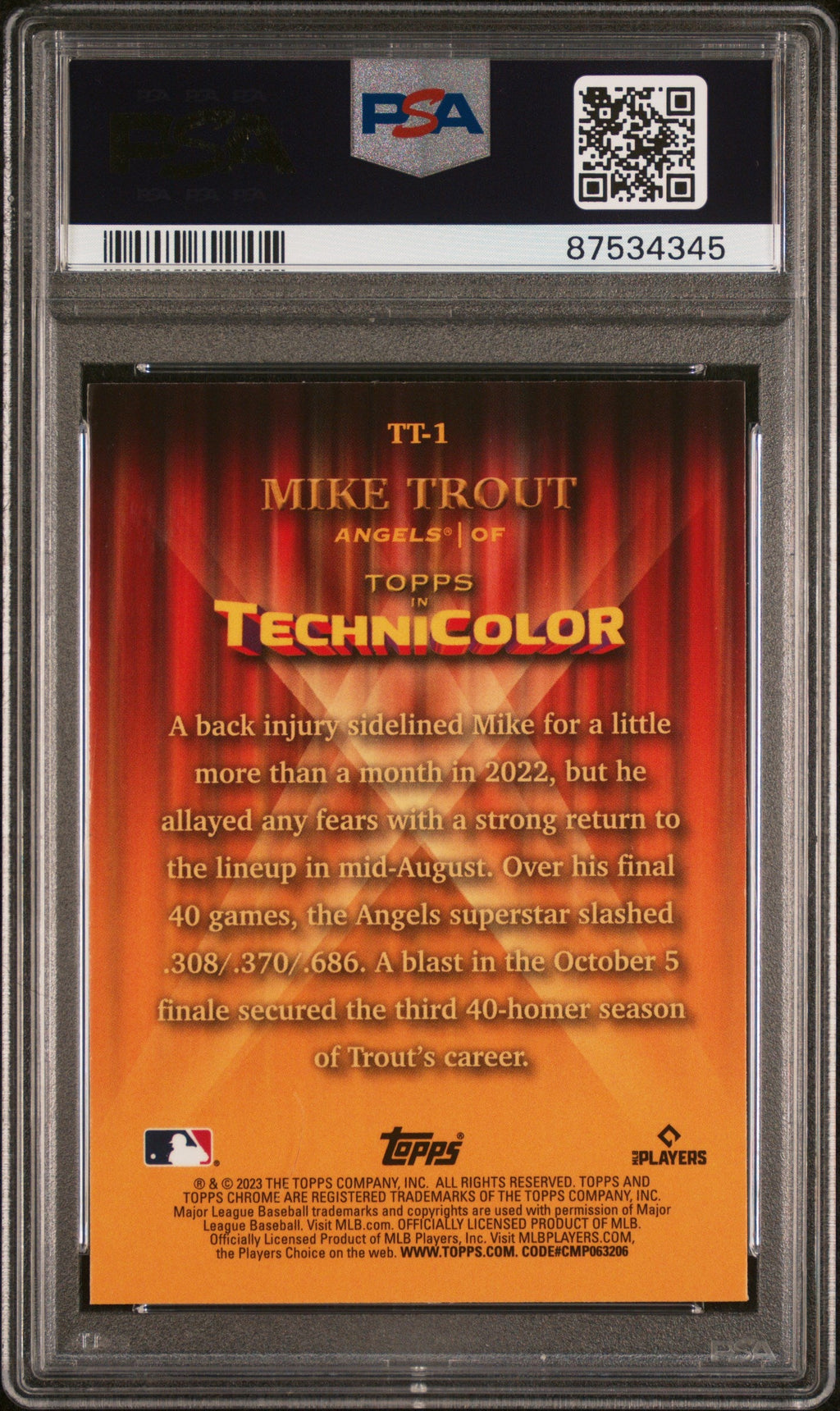 Graded 2023 Topps Chrome Mike Trout #TT1 Topps In Technicolor Baseball Card PSA 10 Gem Mint