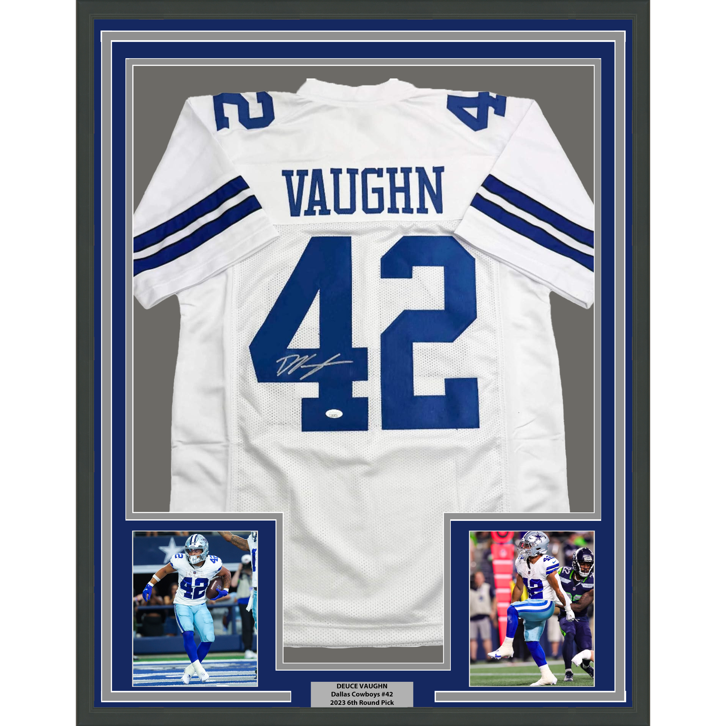 Framed Autographed/Signed Deuce Vaughn 35x39 Dallas White Football Jersey JSA COA