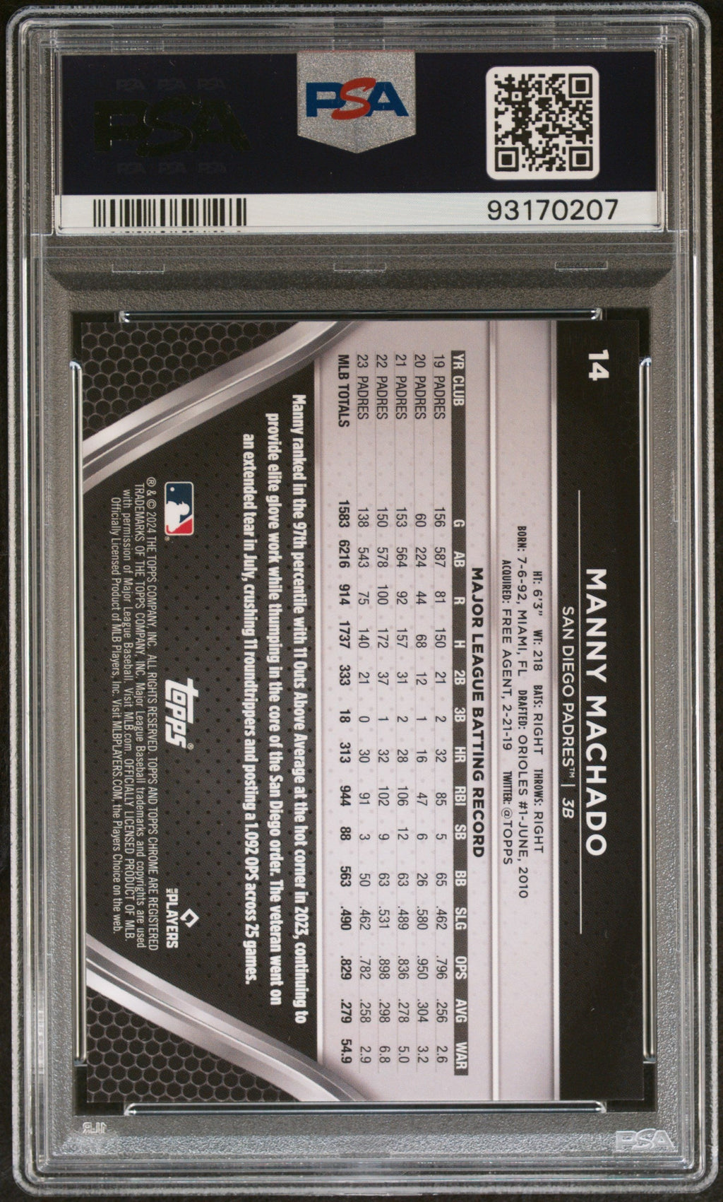 Graded 2024 Topps Chrome Black Manny Machado #14 Green Wave #/99 Baseball Card PSA 10 Gem Mint