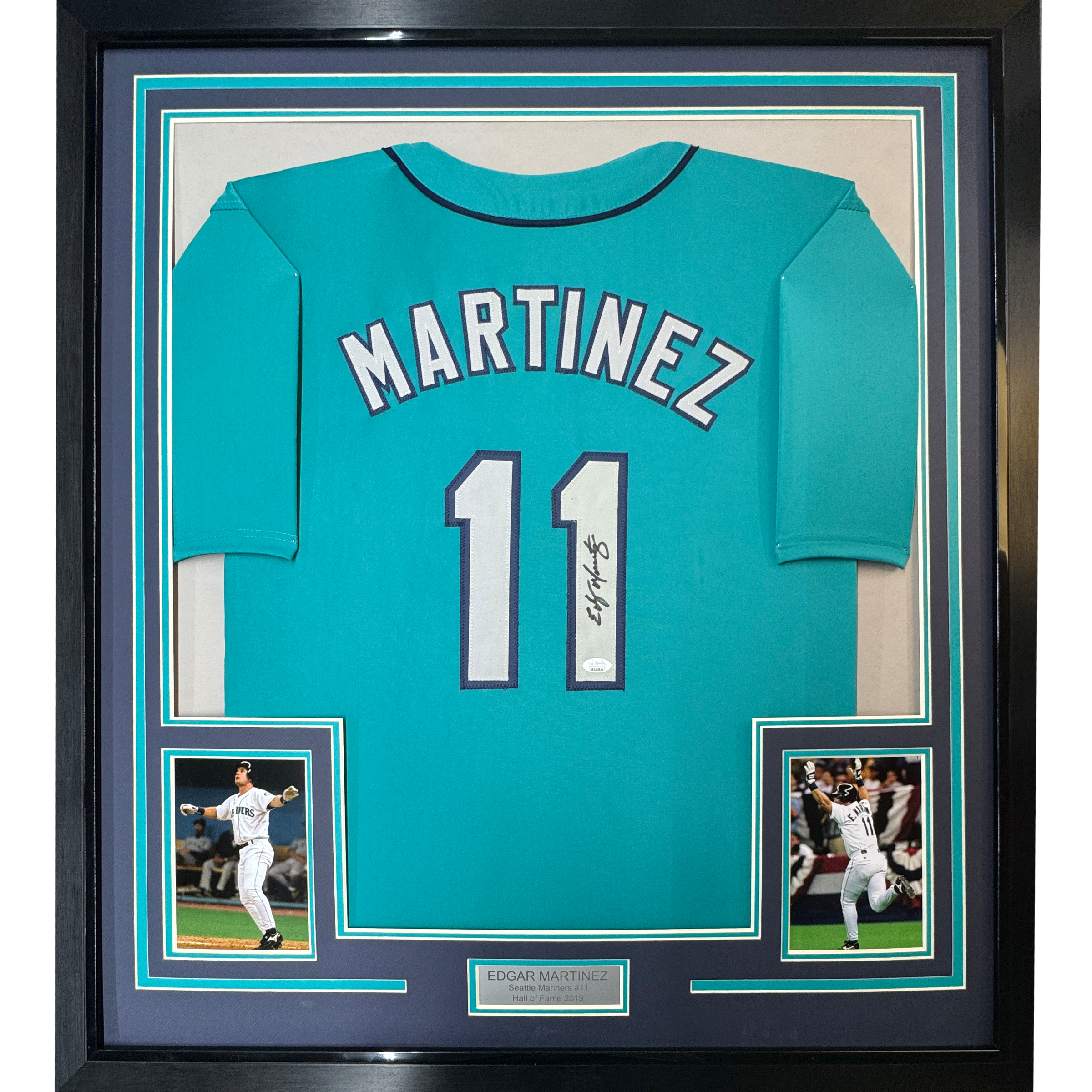 Framed Autographed/Signed Edgar Martinez 35x39 Seattle Teal Baseball Jersey JSA COA