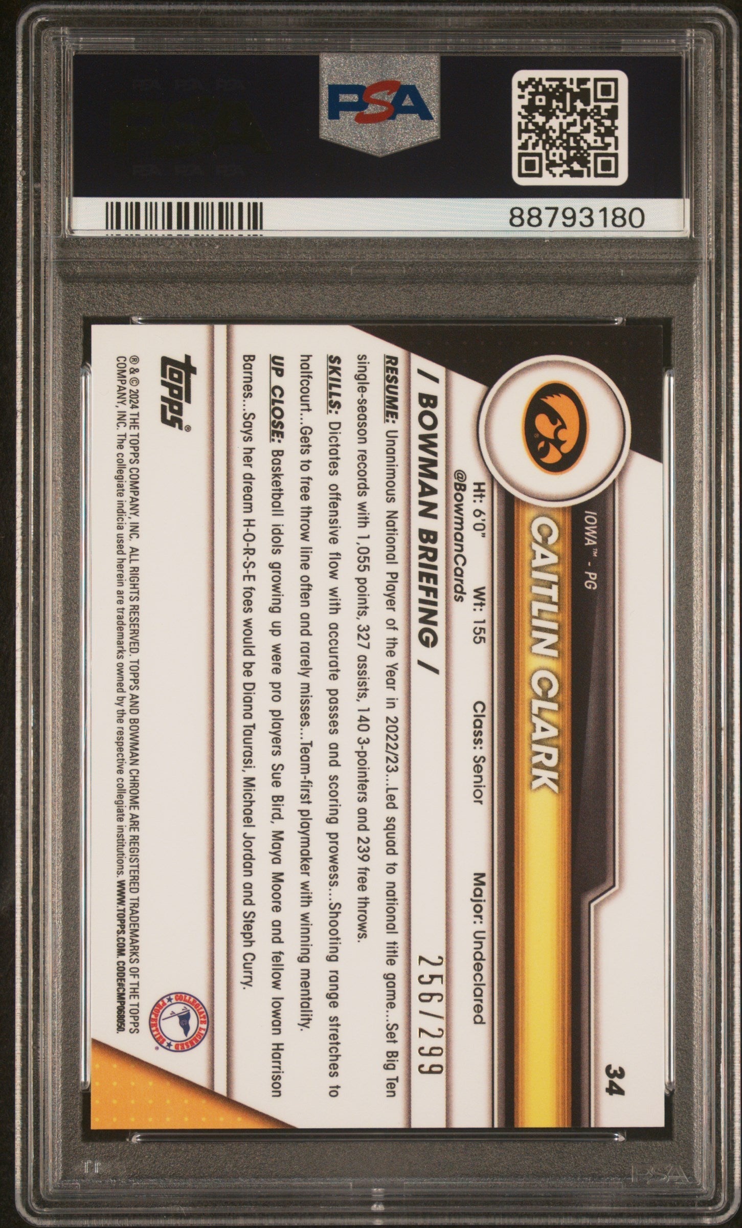 Graded 2023 Topps Bowman U Chrome Caitlin Clark #34 Aqua Wave #/299 Rookie RC Basketball Card PSA 10 Gem Mint