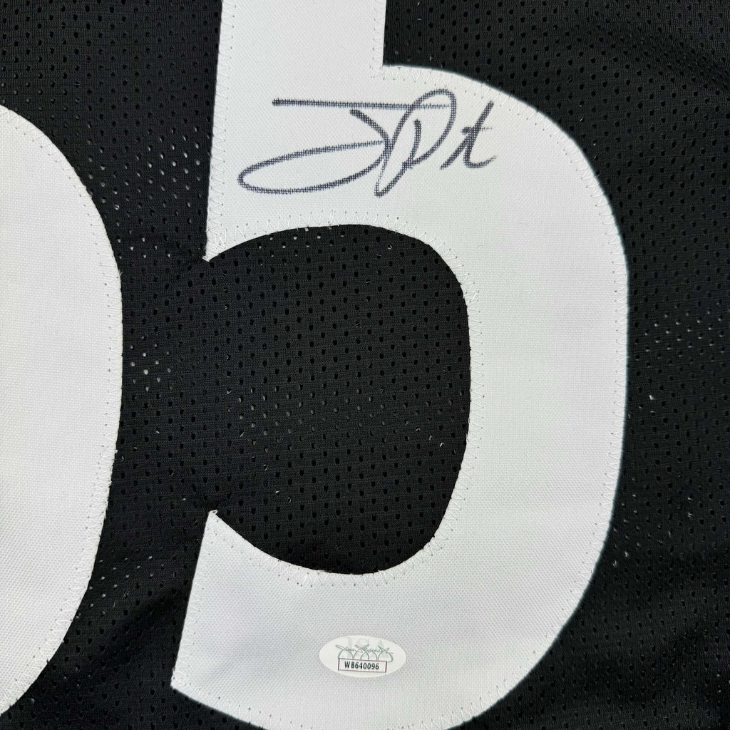 Framed Autographed/Signed Joey Porter Sr. 35x39 Pittsburgh Black Football Jersey JSA COA
