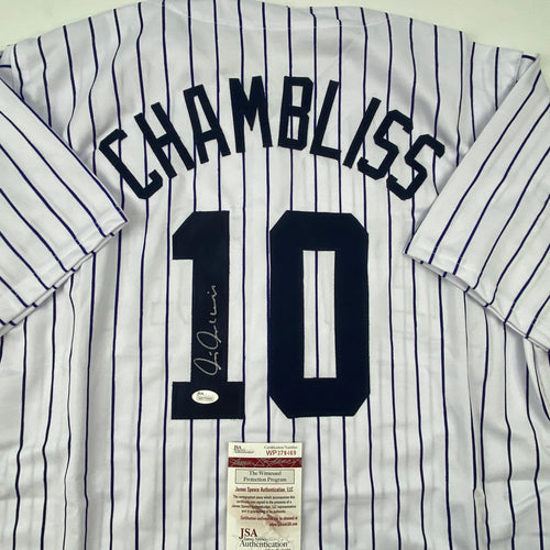 Autographed/Signed Chris Chambliss New York Pinstripe Baseball Jersey JSA COA