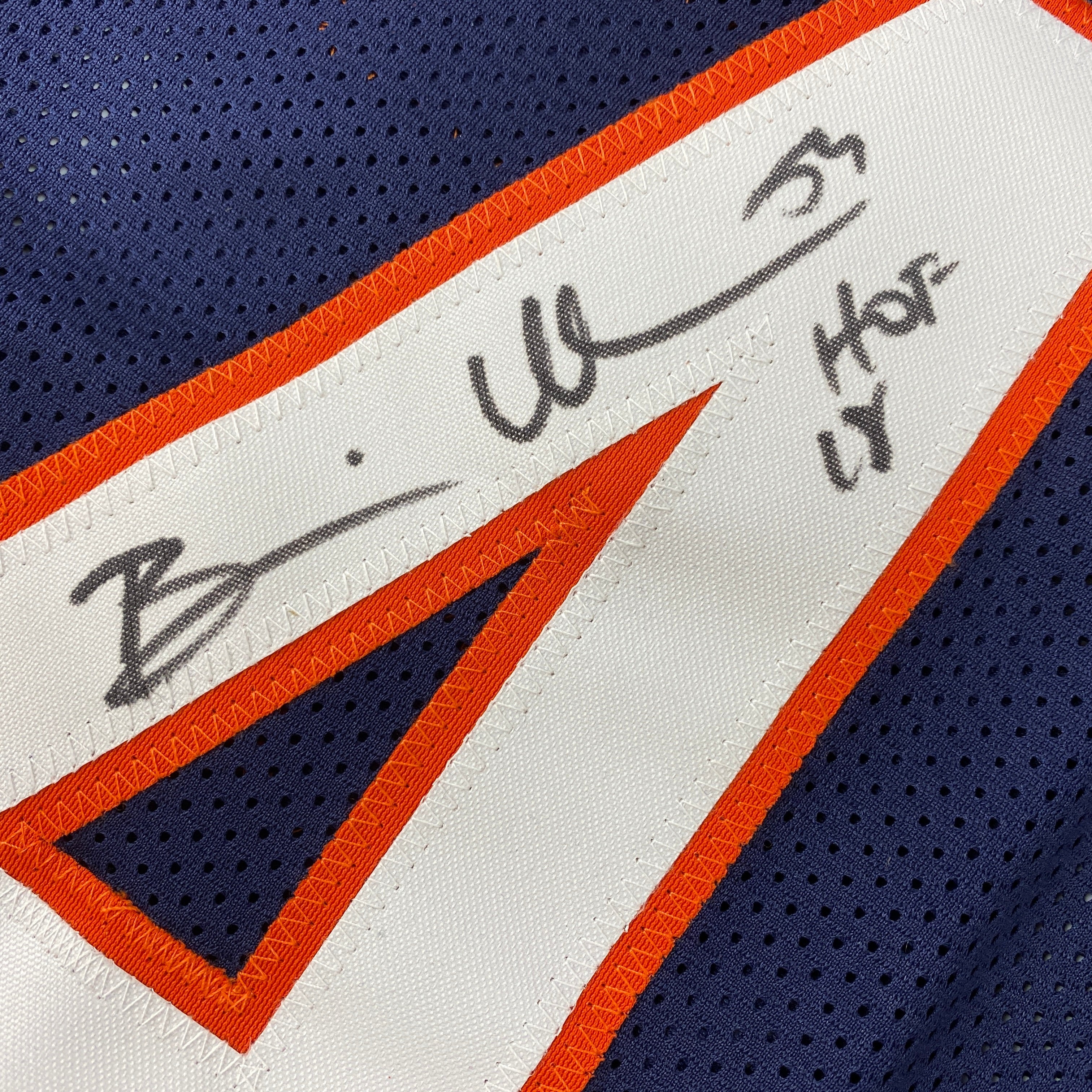 Autographed/Signed Brian Urlacher HOF 18 Chicago Blue Football Jersey Beckett BAS COA