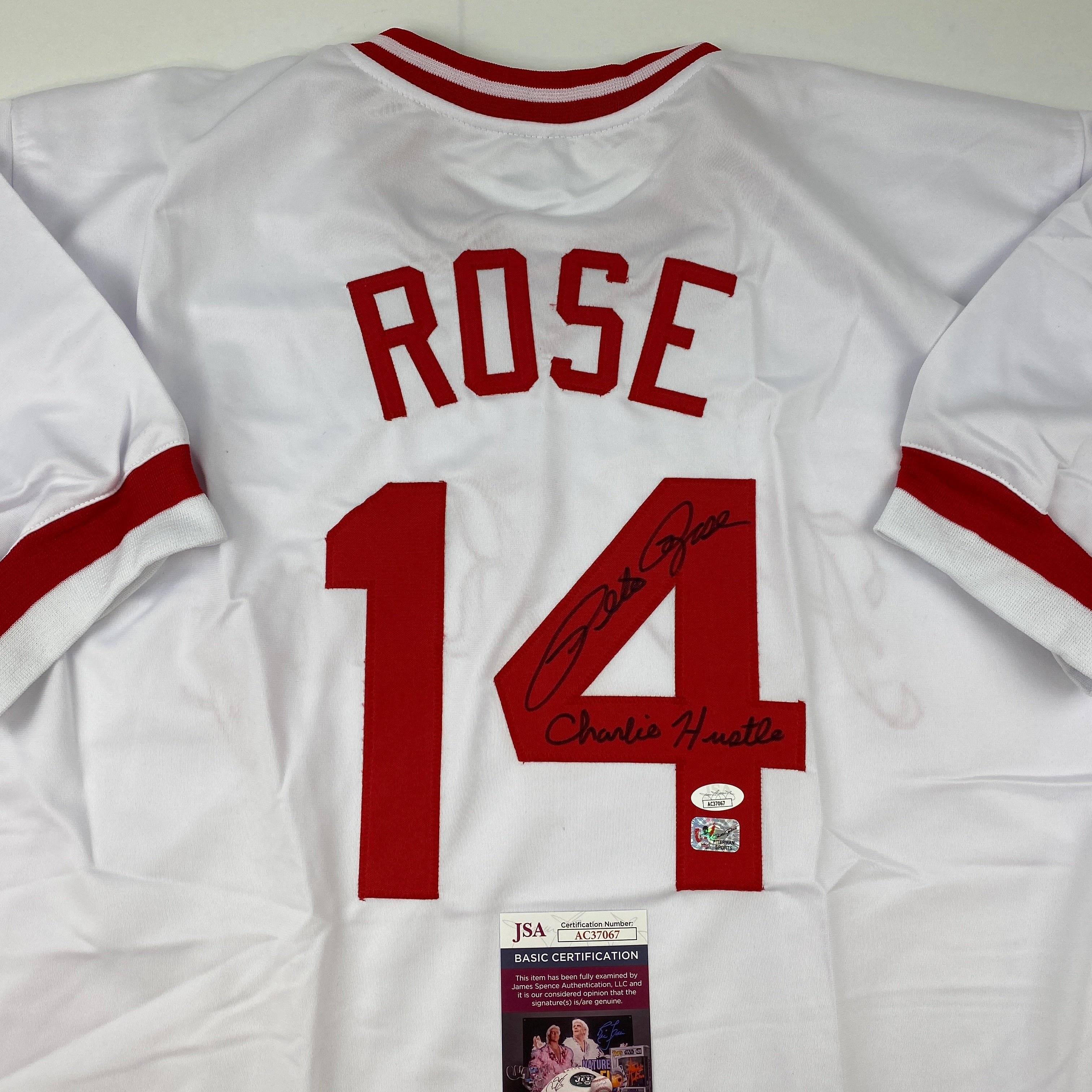 Autographed/Signed Pete Rose Inscribed Charlie Hustle Cincinnati White Baseball Jersey JSA COA