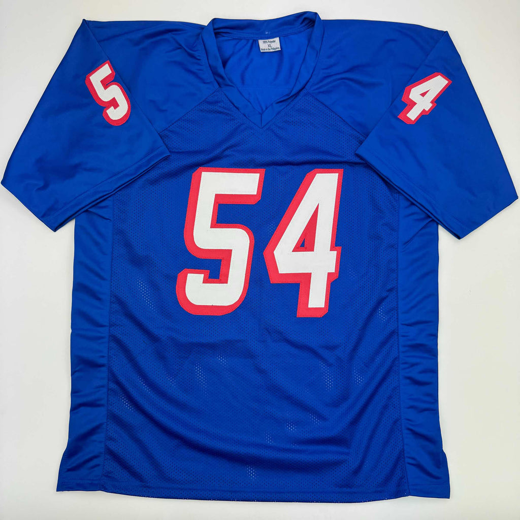 Autographed/Signed Tedy Bruschi New England Retro Blue Football Jersey Beckett BAS COA