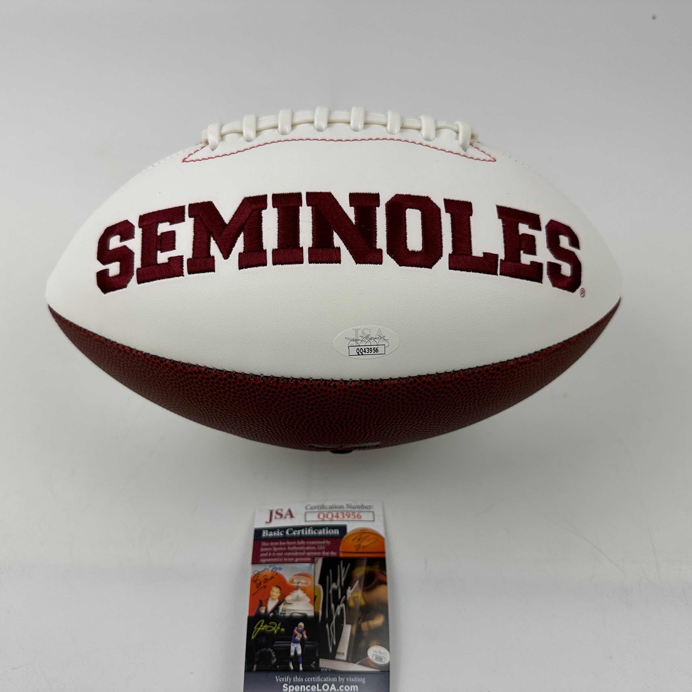 Autographed/Signed Chris Weinke & Charlie Ward Heisman Florida State Seminoles FSU Full Size White Panel Logo Football JSA COA