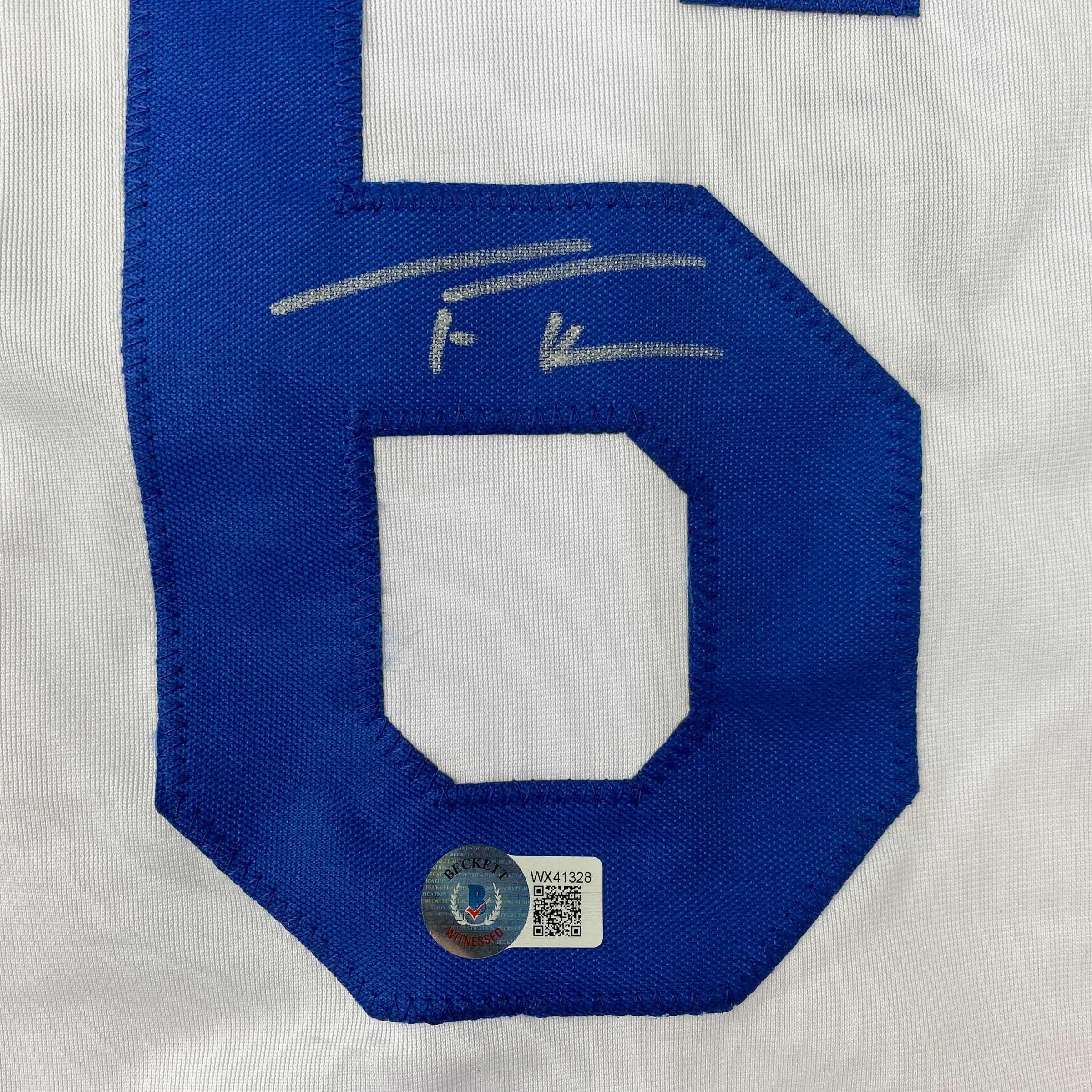 Autographed/Signed Trea Turner Los Angeles LA White Baseball Jersey Beckett BAS COA