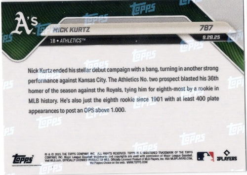 2025 Topps Now Nick Kurtz #787 Orange Foil /25 Athletics Rookie RC Baseball Card