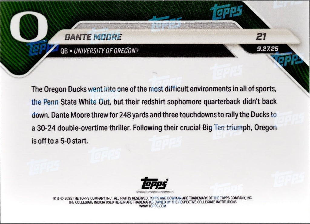 2025 Topps Bowman U Now Dante Moore #21 Superfractor /1 Oregon Ducks Rookie RC Football Card