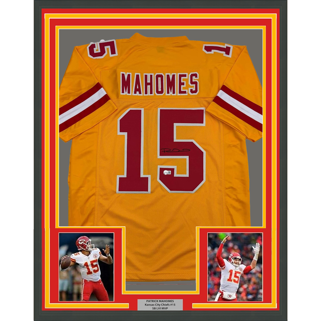 Framed Autographed/Signed Patrick Mahomes 35x39 Kansas City Yellow Football Jersey Beckett BAS COA