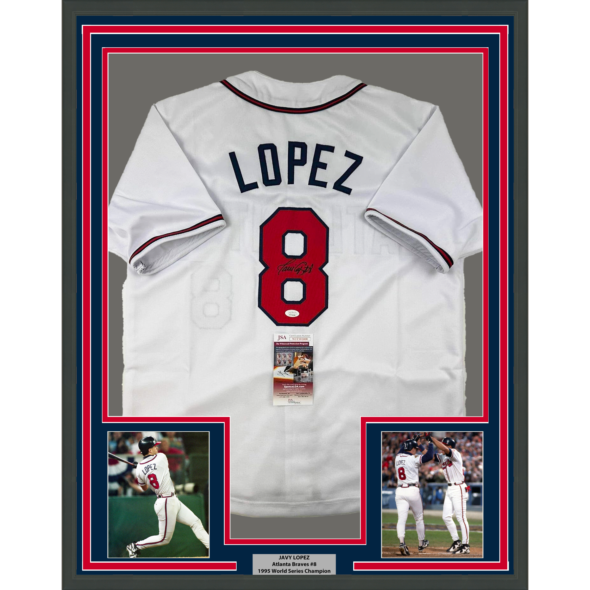 Framed Autographed/Signed Javy Lopez 35x39 Atlanta White Baseball Jersey JSA COA