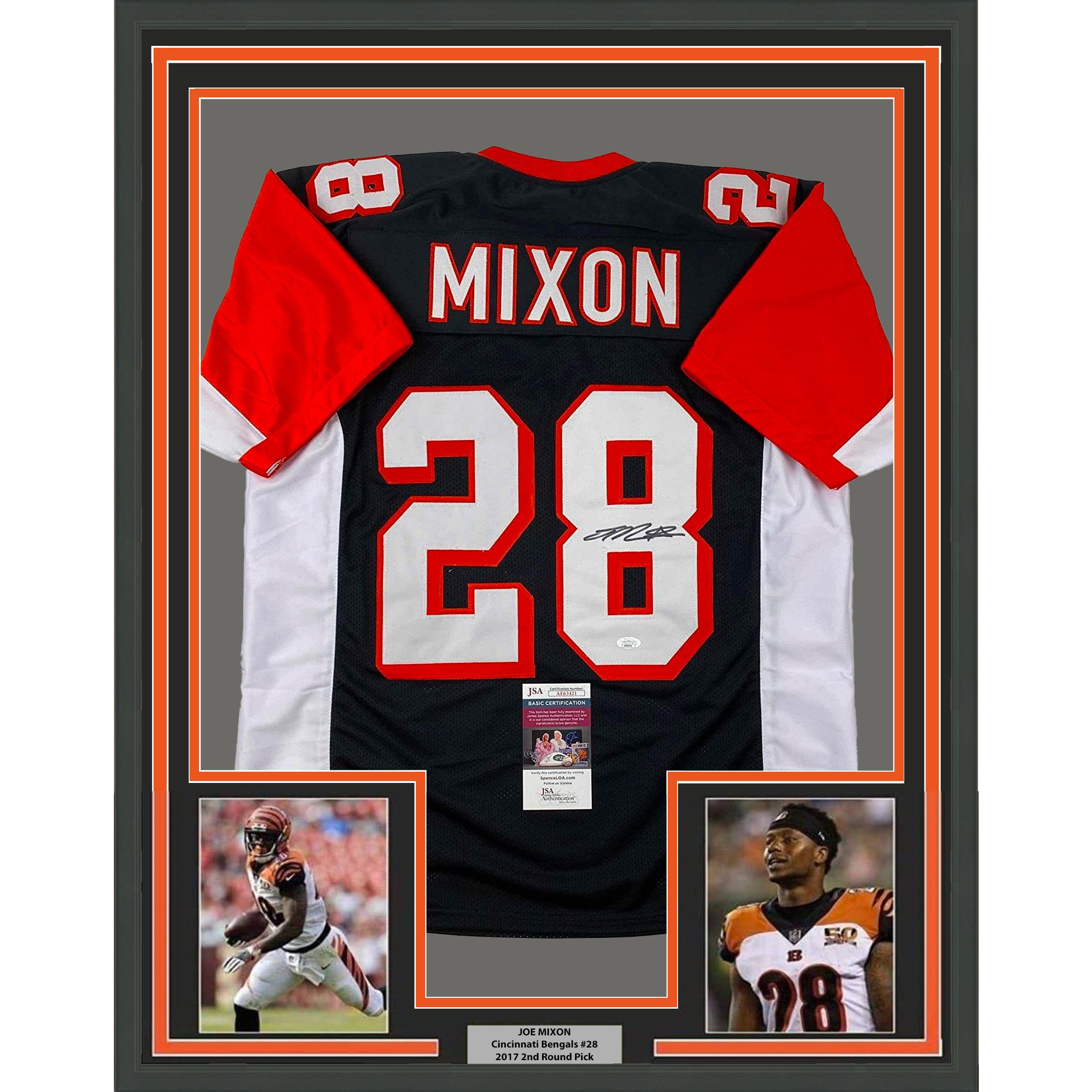 Framed Autographed/Signed Joe Mixon 35x39 Cincinnati Black Football Jersey JSA COA #2