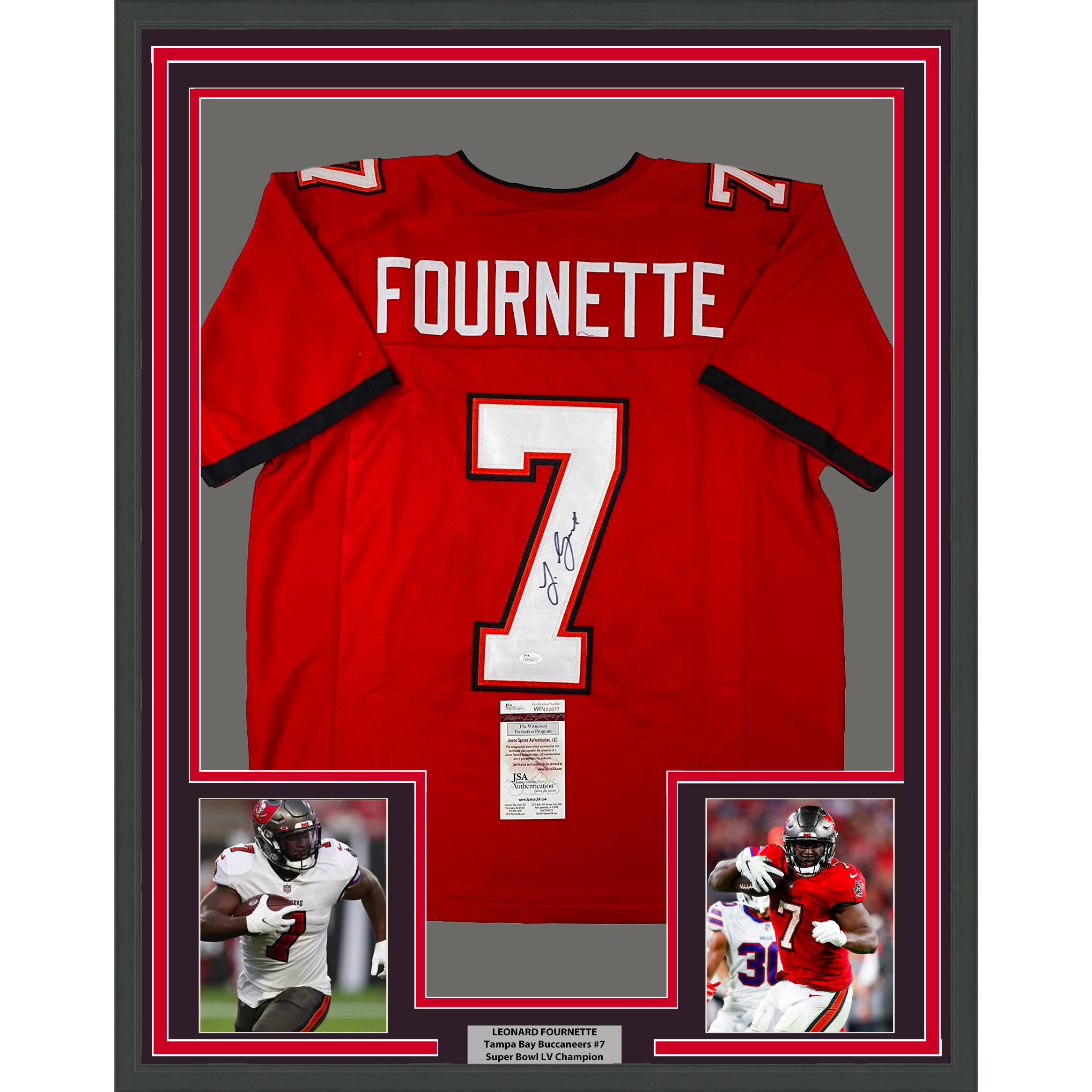 Framed Autographed/Signed Leonard Fournette 35x39 Tampa Bay Red Football Jersey JSA COA
