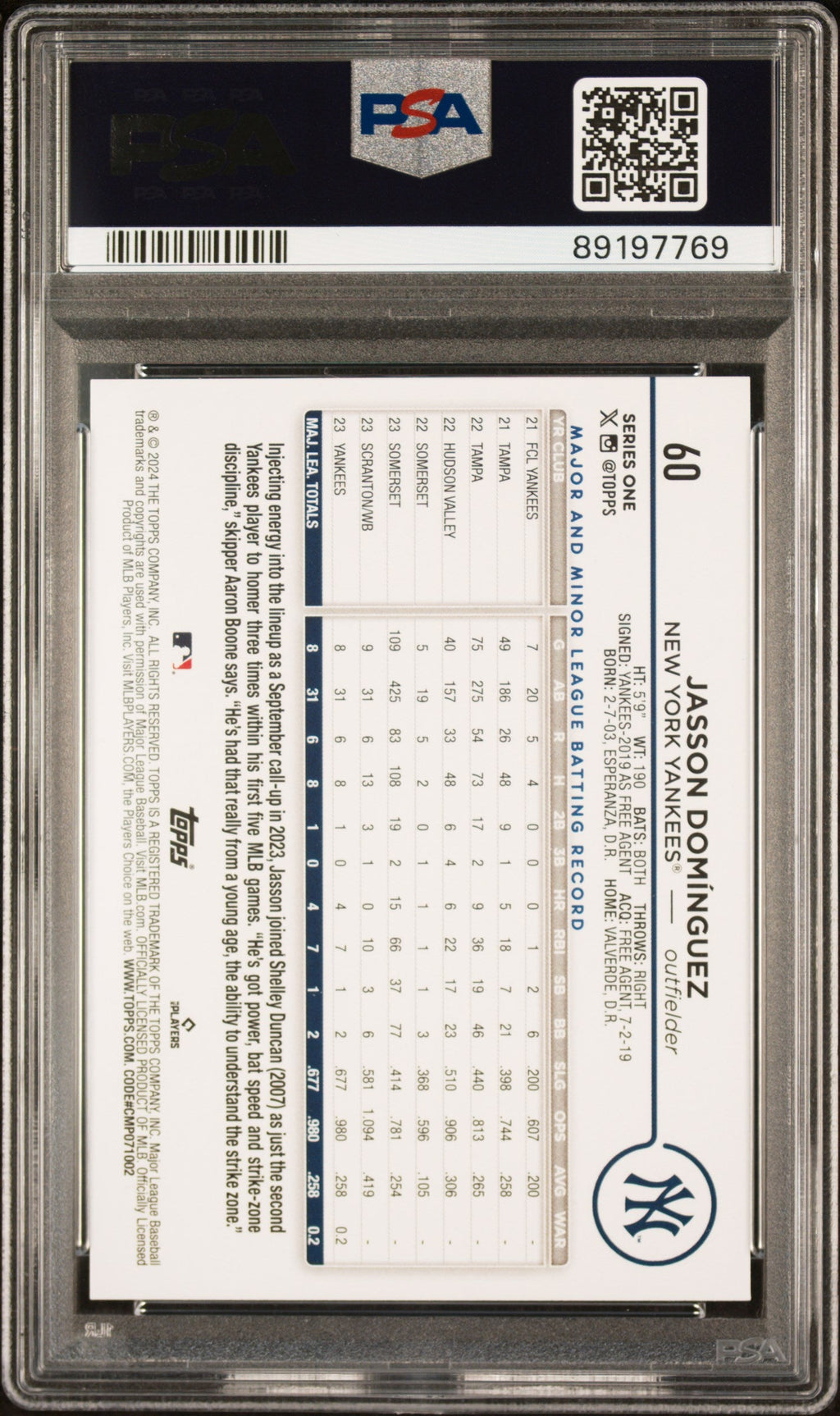Graded 2024 Topps Jasson Dominguez #60 Rookie RC Baseball Card PSA 9 Mint