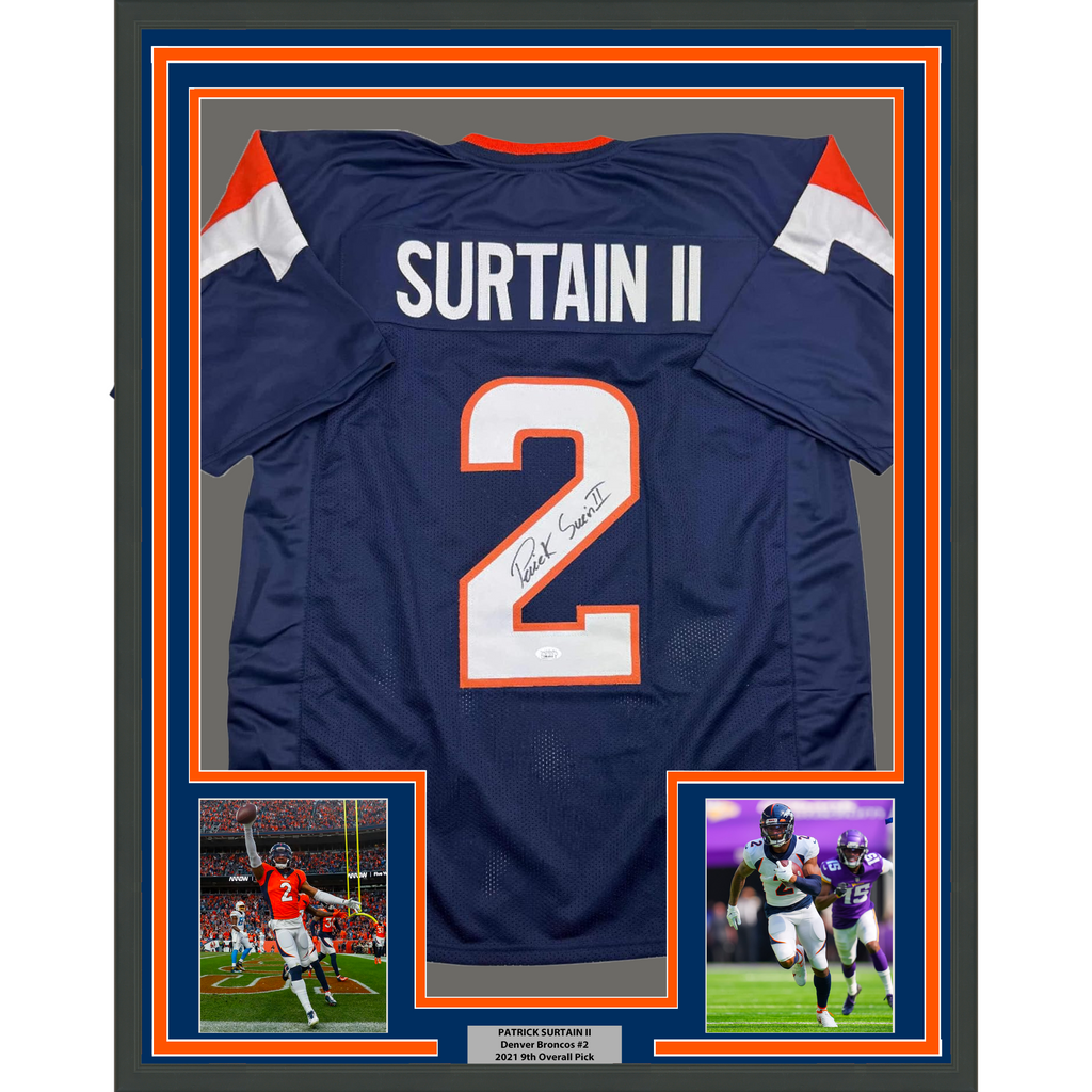 Framed Autographed/Signed Patrick Surtain II 35x39 Denver Blue Football Jersey JSA COA #2