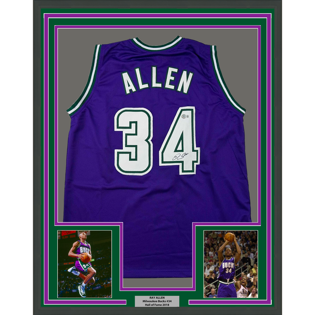 Framed Autographed/Signed Ray Allen 35x39 Milwaukee Purple Basketball Jersey Beckett BAS COA