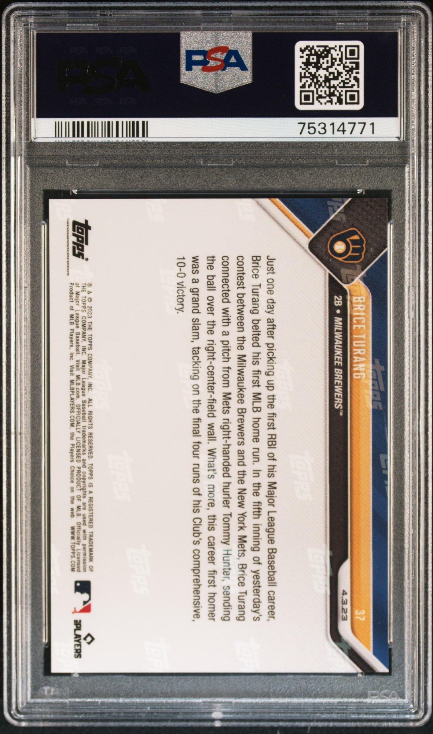 Graded 2023 Topps Now Brice Turang #37 Rookie RC Baseball Card PSA 10 Gem Mint