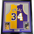 Framed Autographed/Signed Shaquille Shaq O'Neal 35x39 Los Angeles LA Split Basketball Jersey Beckett BAS COA