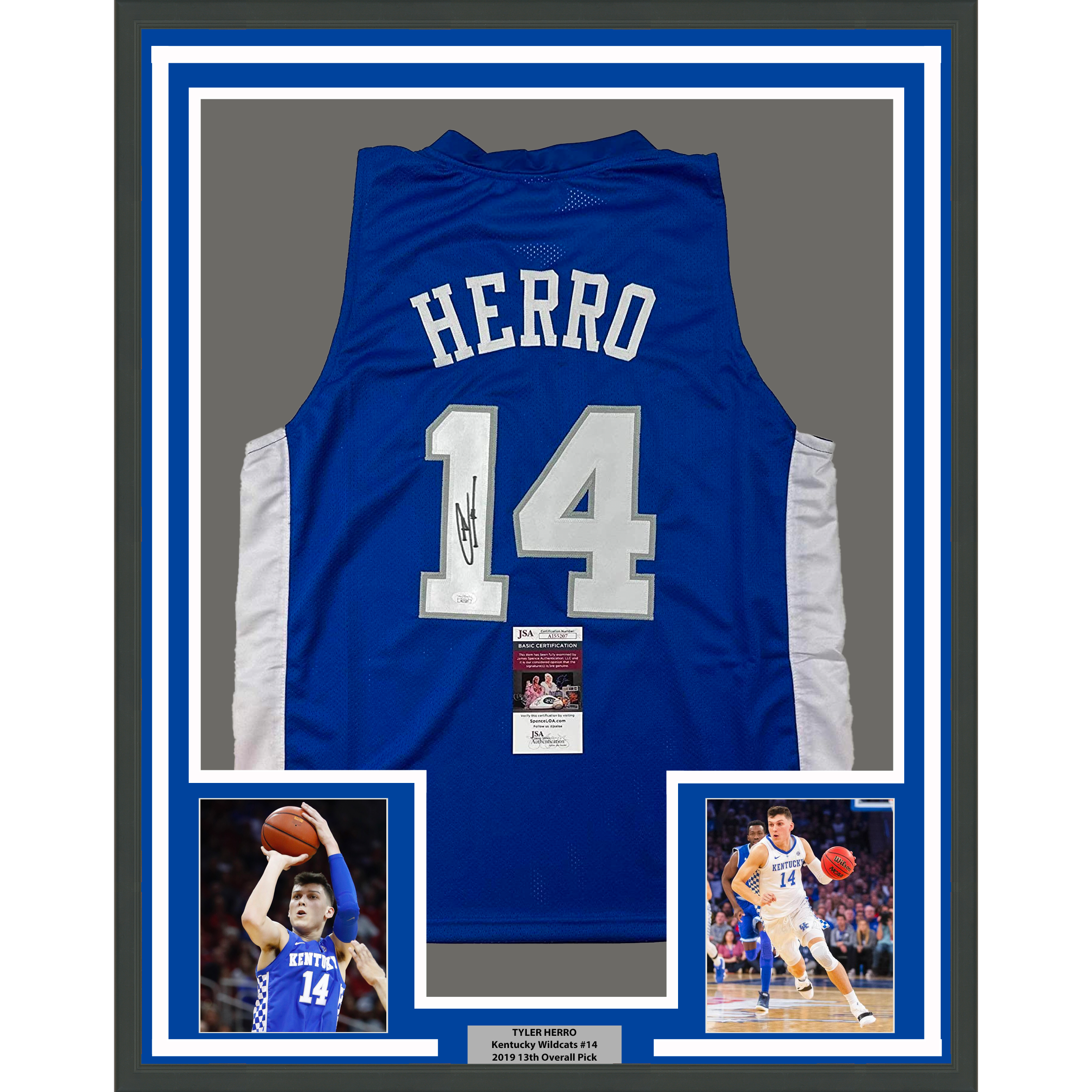 Framed Autographed/Signed Tyler Herro 35x39 Kentucky Blue College Basketball Jersey JSA COA