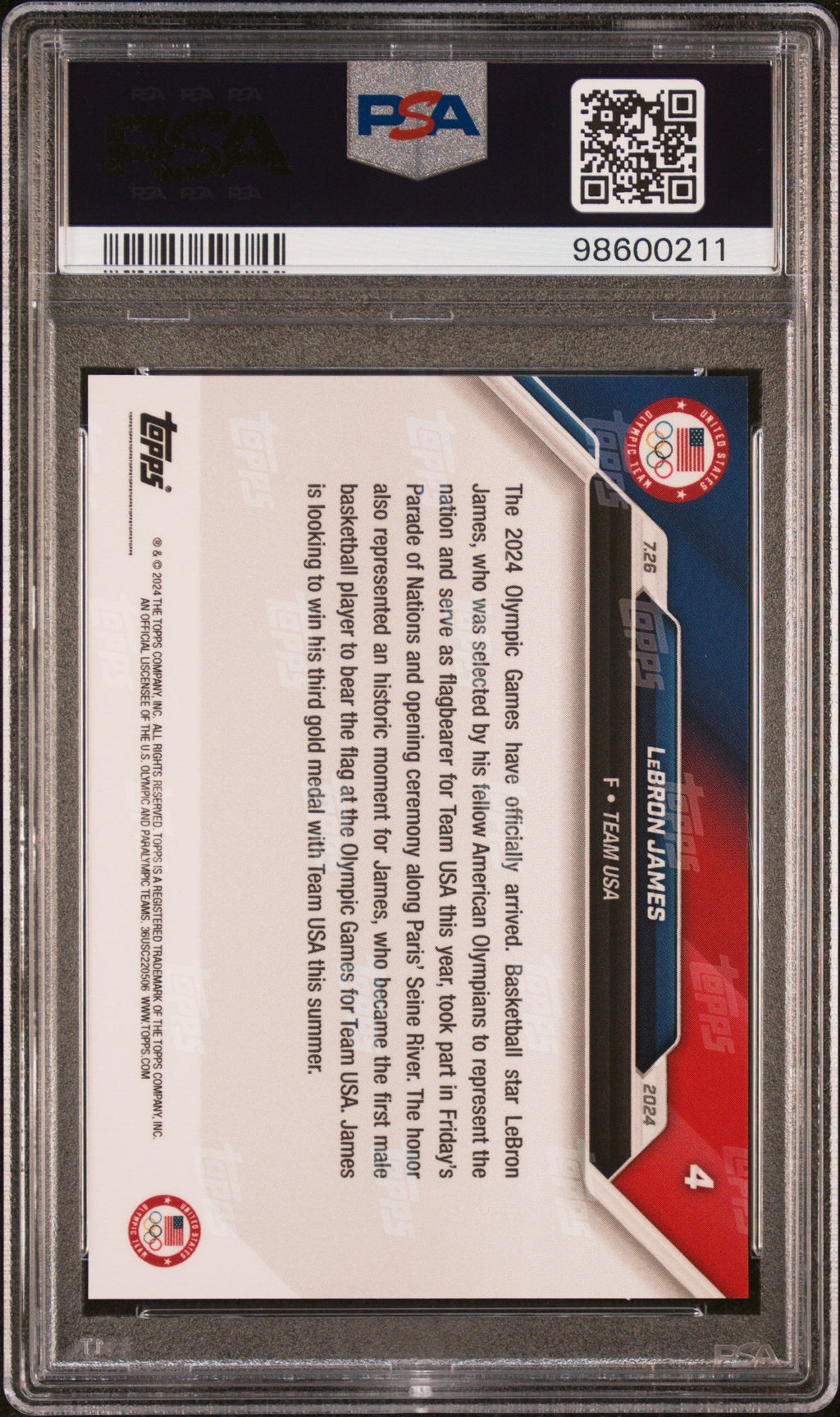 Graded 2024 Topps Now Olympics LeBron James #4 Basketball Card PSA 10 Gem Mint
