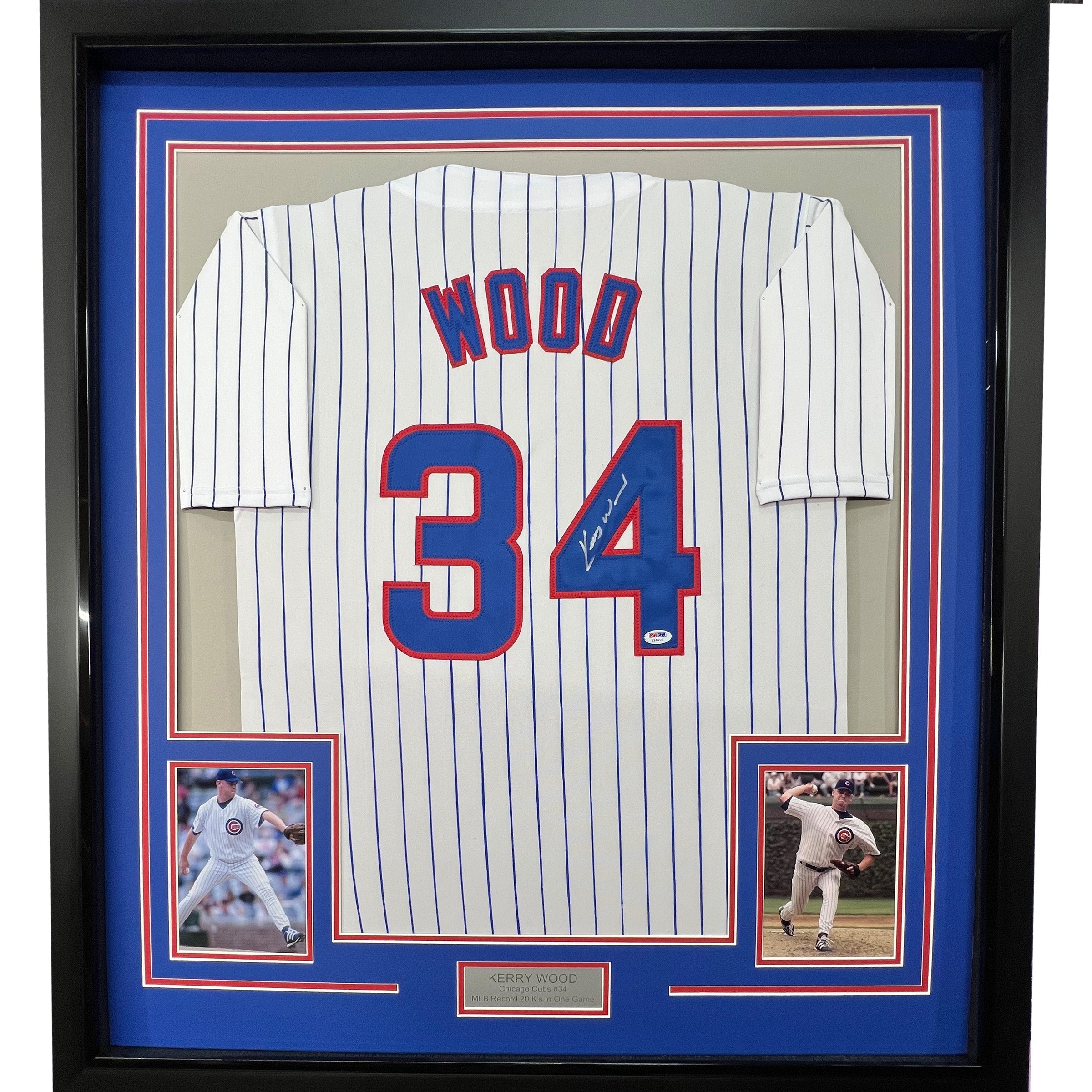Framed Autographed/Signed Kerry Wood 35x39 Chicago Pinstripe Baseball Jersey PSA/DNA COA