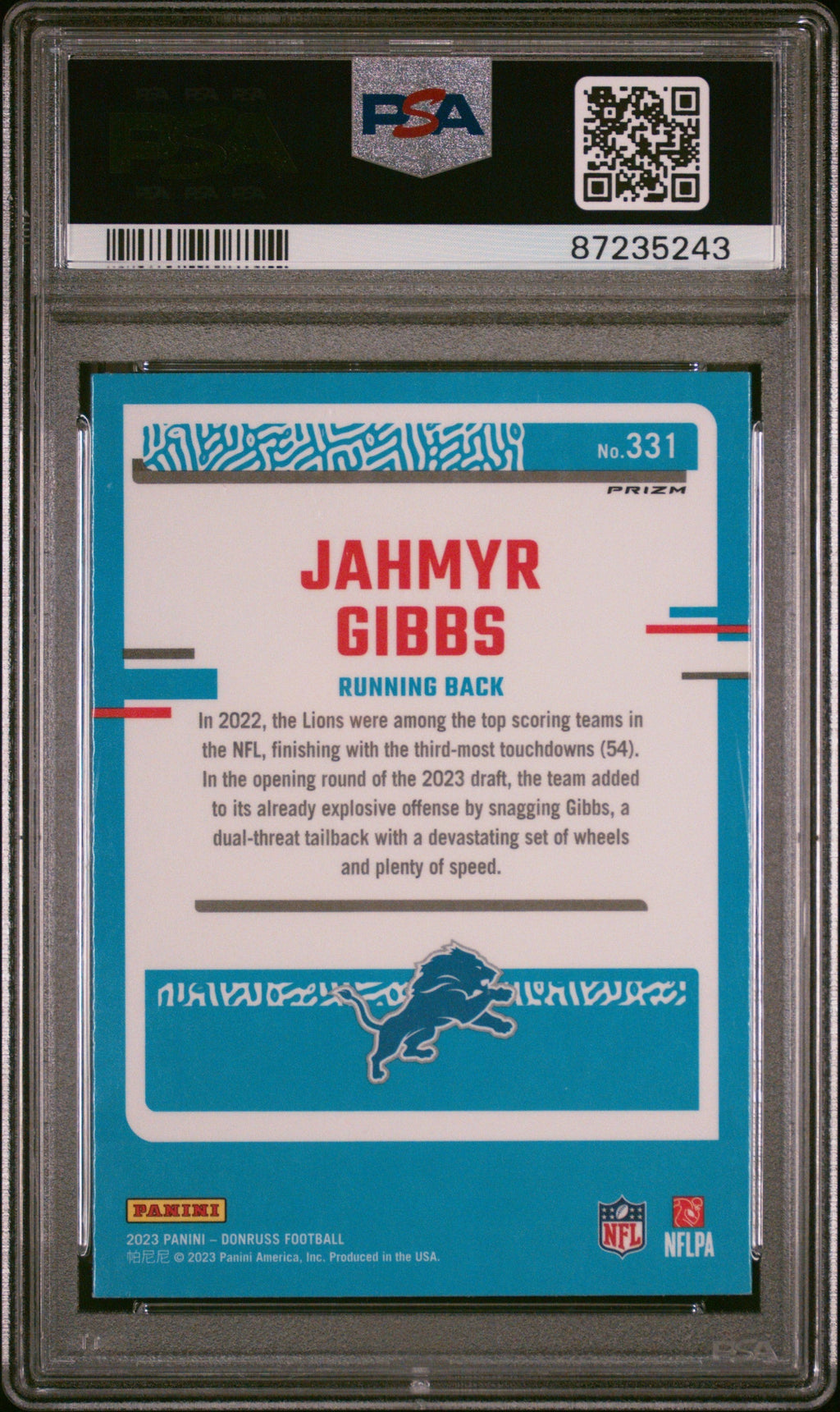 Graded 2023 Panini Donruss Jahmyr Gibbs #331 Optic Preview Pink Rookie RC Football Card PSA 10 Gem Mint
