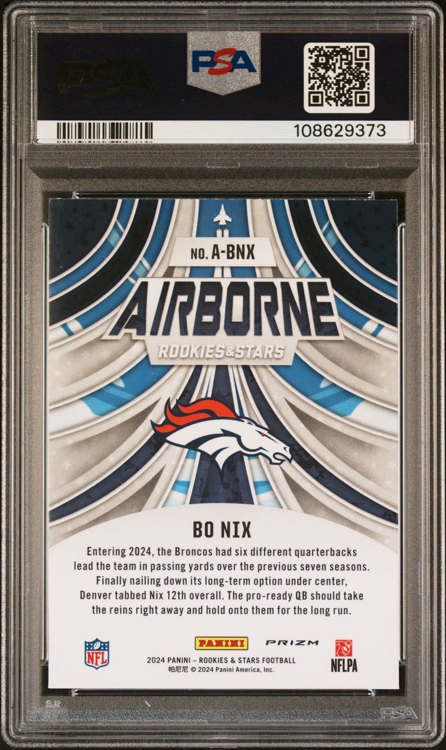 Graded 2024 Panini Rookies & Stars Bo Nix #ABNX Airborne Rookie RC Football Card PSA 10 Gem Mint