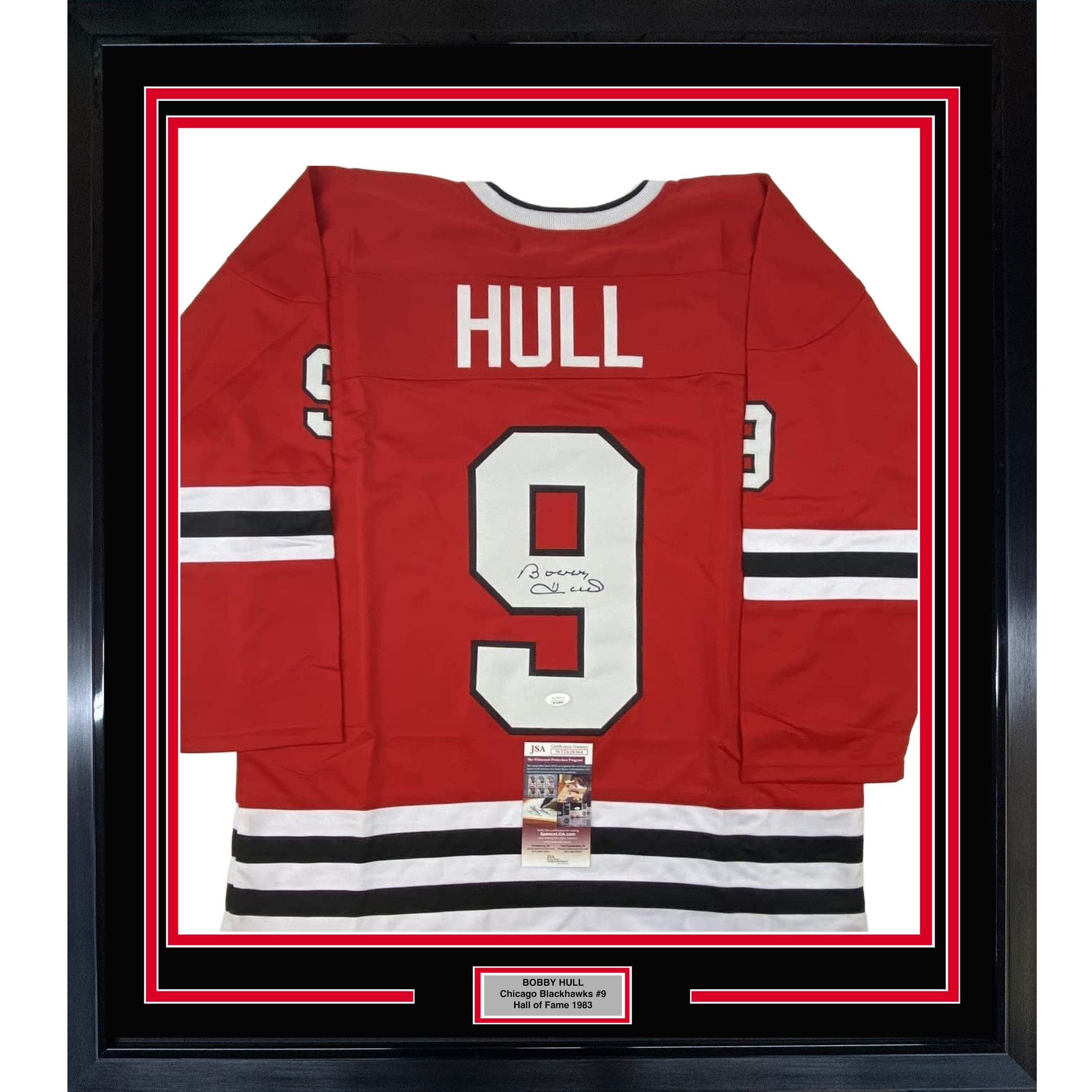 Framed Autographed/Signed Bobby Hull 35x39 Chicago Red Hockey Jersey JSA COA