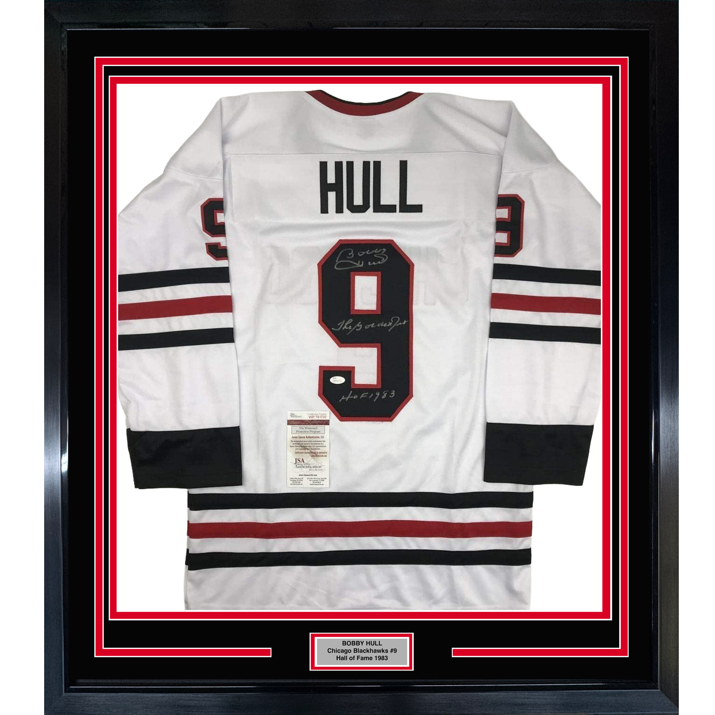 Framed Autographed/Signed Bobby Hull The Golden Jet HOF 1983 35x39 Chicago White Hockey Jersey JSA COA