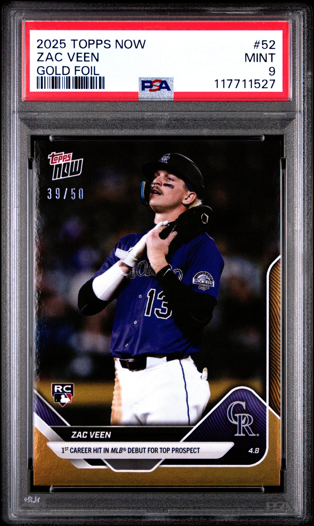 Graded 2025 Topps Now Zac Veen #52 Gold Foil /50 Rookie RC Baseball Card PSA 9 Mint