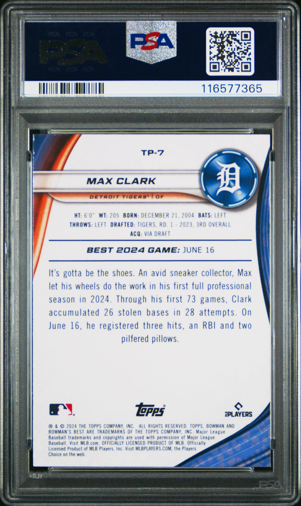 Graded 2024 Topps Bowmans Best Max Clark #TP7 Top Prospects Rookie RC Baseball Card PSA 10 Gem Mint